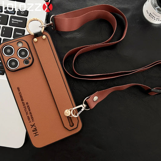 Exquisite Litchi Leather Crossbody iPhone Case with Elegant Wrist Strap – Ultimate Protection and Chic Style for the Discerning User - Just20InCase